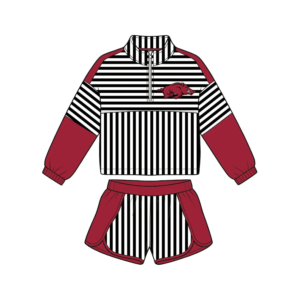 (Custom Design Preorder MOQ 5) Baby Girls Black Stripe Arkansas Zip Pullovers Short Team Clothes Set