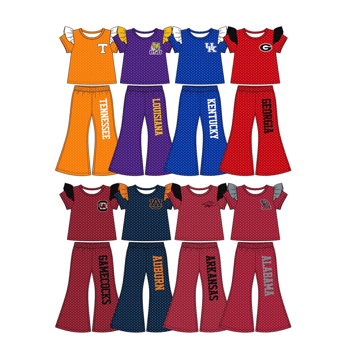 Custom 5 MOQ Preorder Sibling Kids Girls Sport Team Polka Dot Bell Bottom Pants Outfit