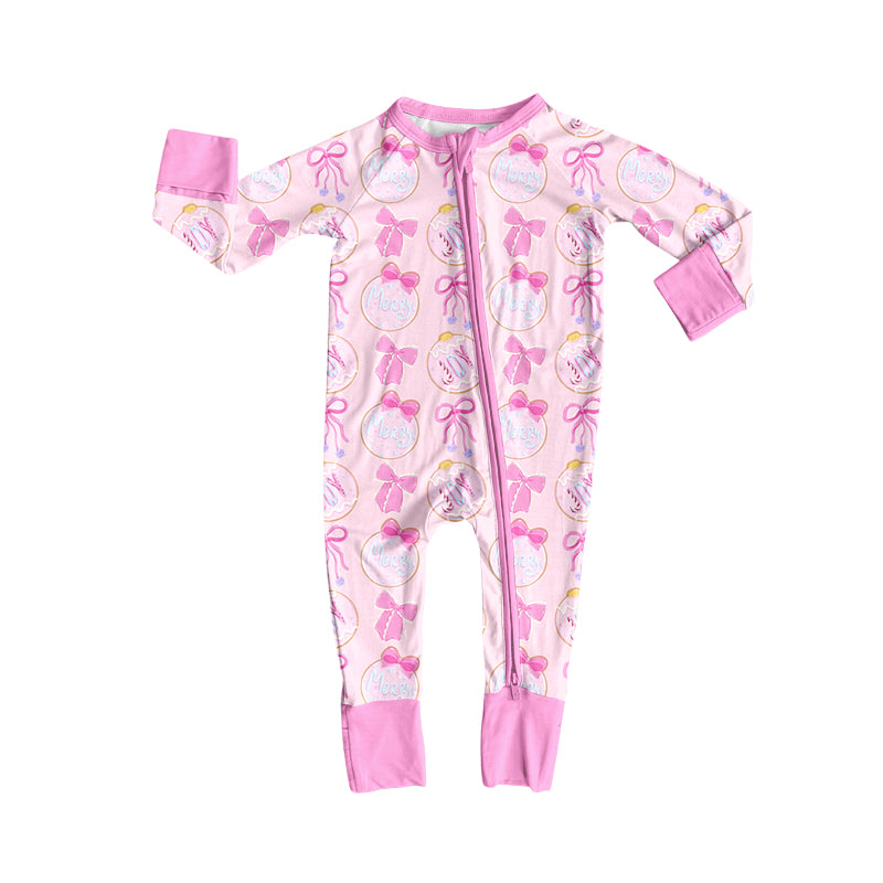 (Custom Design Preorder MOQ 5 ) JOY Bows Pink Print Baby Girls Christmas Zipper Sleeper Romper