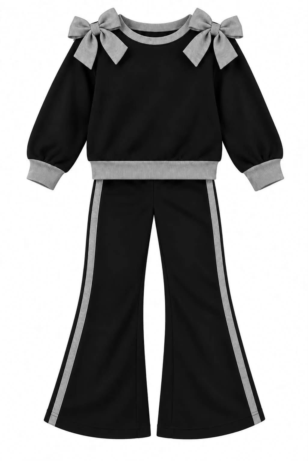 (Custom Design Preorder MOQ 5) Teams Black Cotton Blank Grey Bows Top Pockets Pants Girls Clothes Set