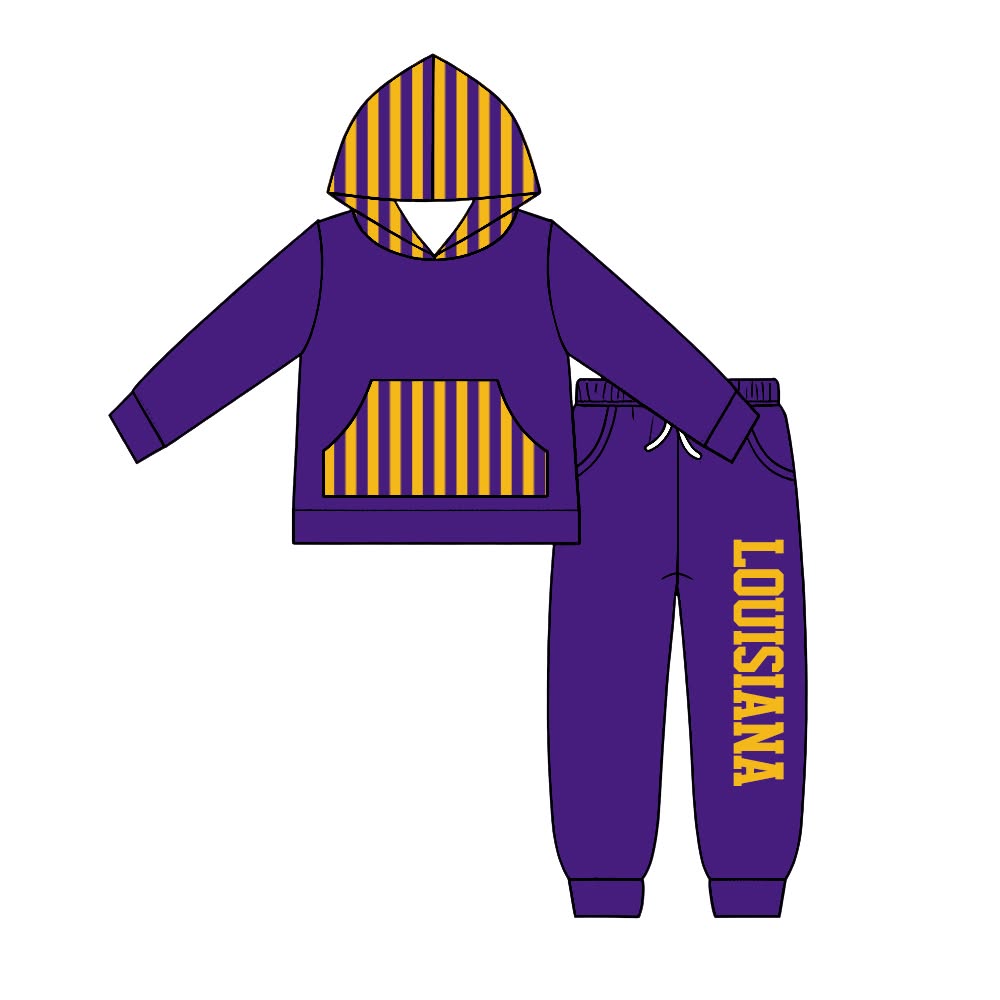 (Custom Design Preorder MOQ 5) Teams Hoodie Top LOUISIANA Pockets Pants Kids Clothes Set