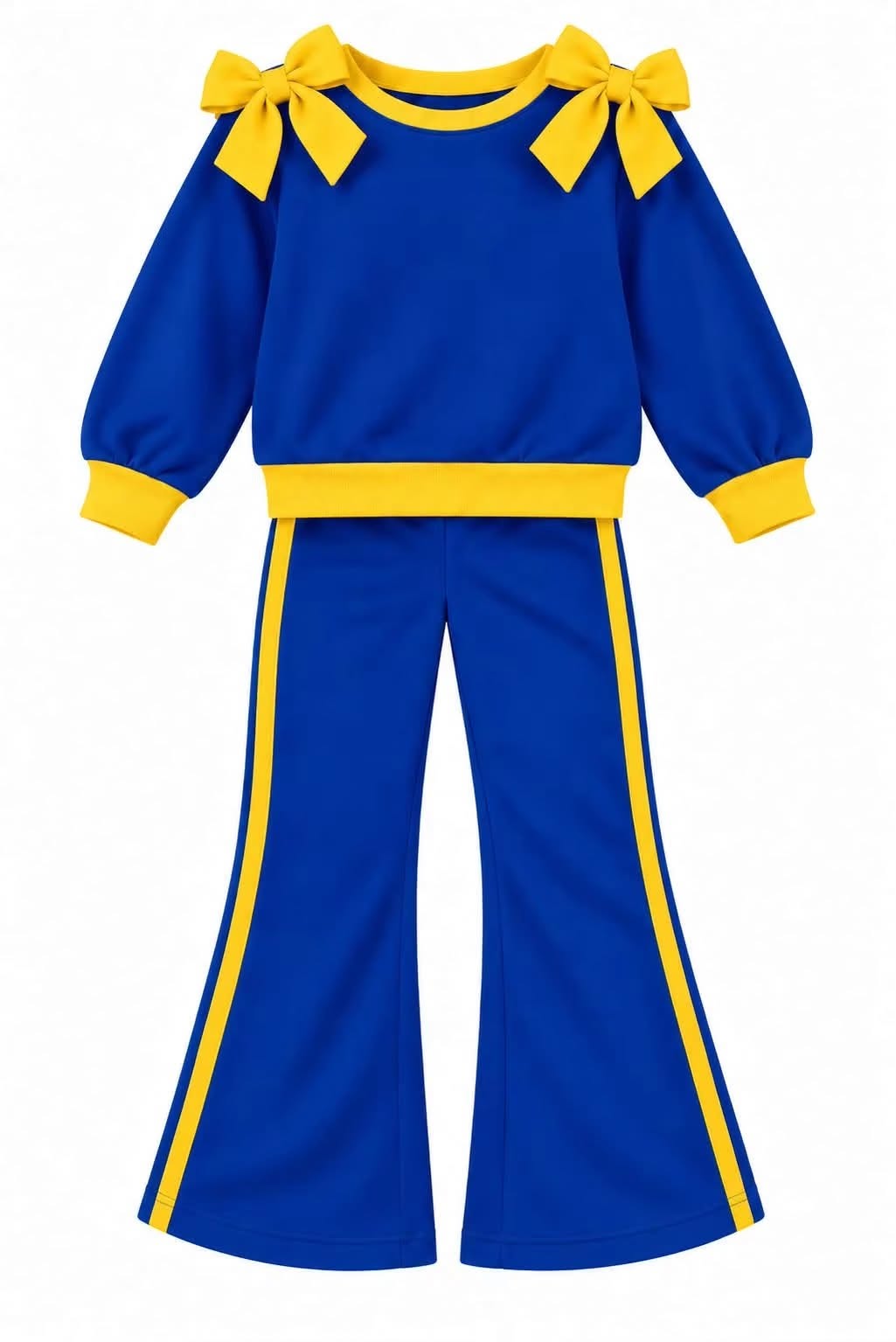 (Custom Design Preorder MOQ 5) Teams Blue Cotton Blank Yellow Bows Top Pockets Pants Girls Clothes Set