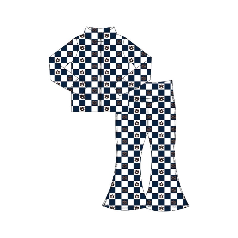 (Custom Design Preorder MOQ 5 Each)Teams Logo Checkered Print Long Sleeve Zipper Top Bell Pants Girls Clothes Set Sisters Wear