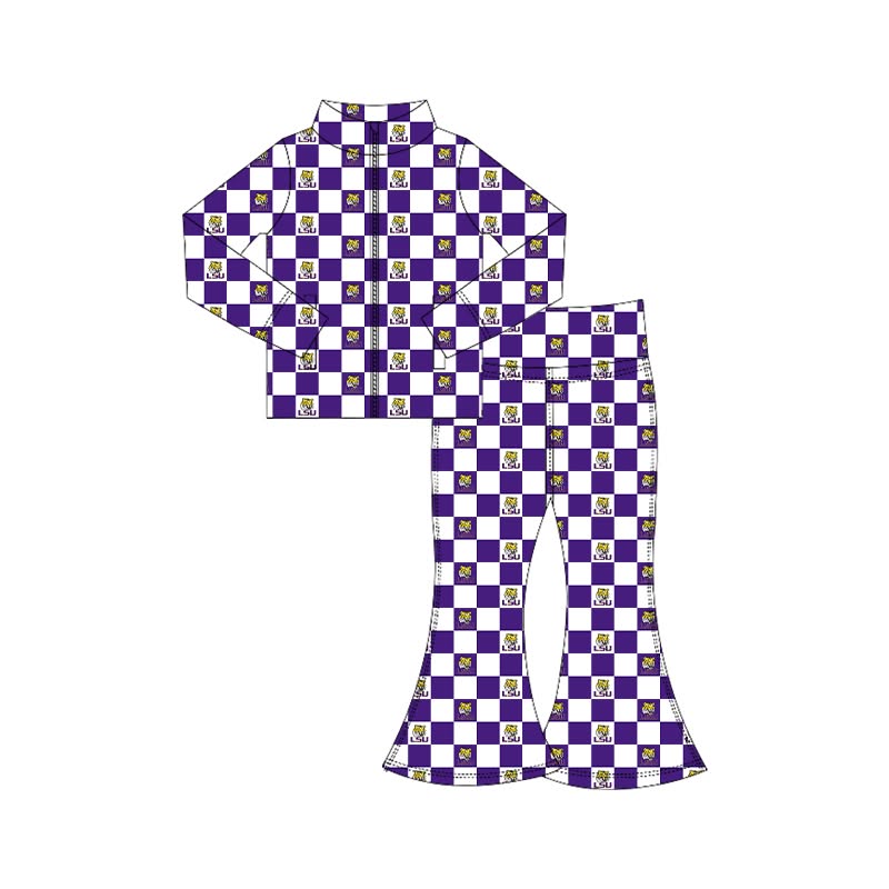 (Custom Design Preorder MOQ 5 Each)Teams Logo Checkered Print Long Sleeve Zipper Top Bell Pants Girls Clothes Set Sisters Wear