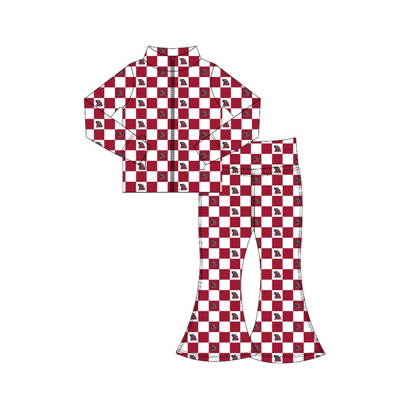 (Custom Design Preorder MOQ 5 Each)Teams Logo Checkered Print Long Sleeve Zipper Top Bell Pants Girls Clothes Set Sisters Wear