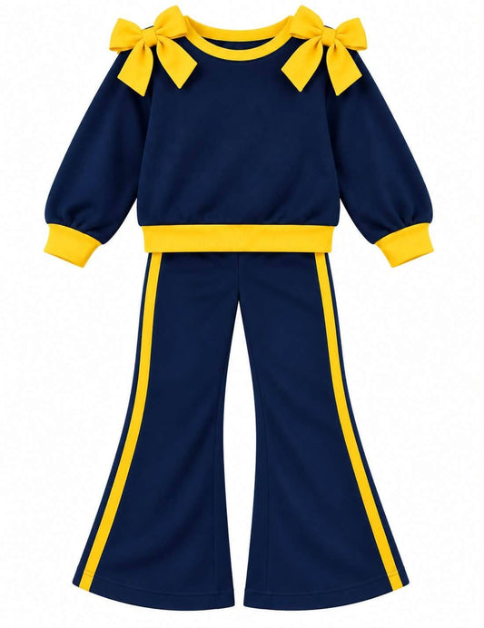 (Custom Design Preorder MOQ 5) Teams Navy Cotton Blank Yellow Bows Top Pockets Pants Girls Clothes Set