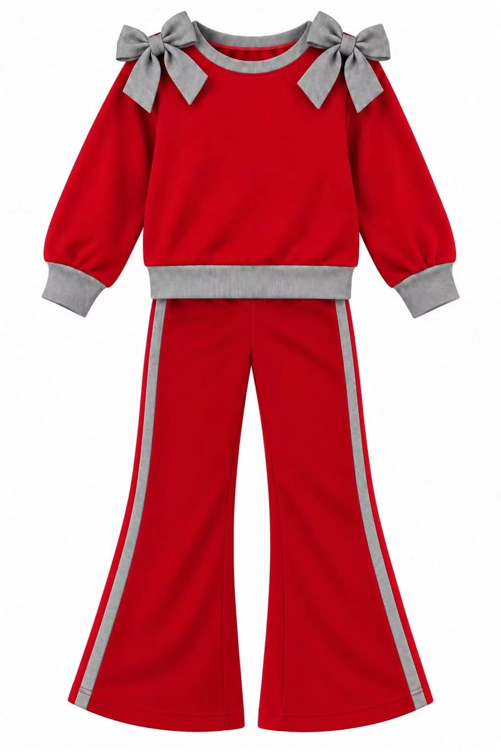 (Custom Design Preorder MOQ 5) Teams Red Cotton Blank Grey Bows Top Pockets Pants Girls Clothes Set