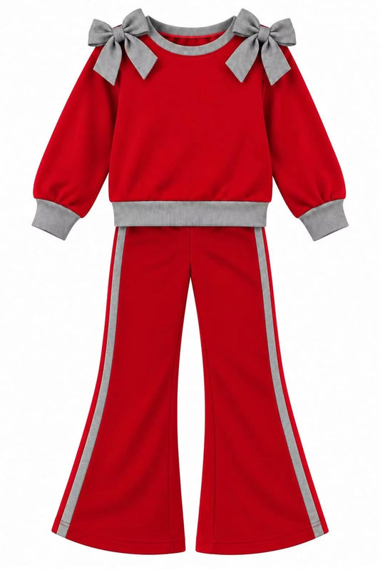 (Custom Design Preorder MOQ 5) Teams Red Cotton Blank Grey Bows Top Pockets Pants Girls Clothes Set