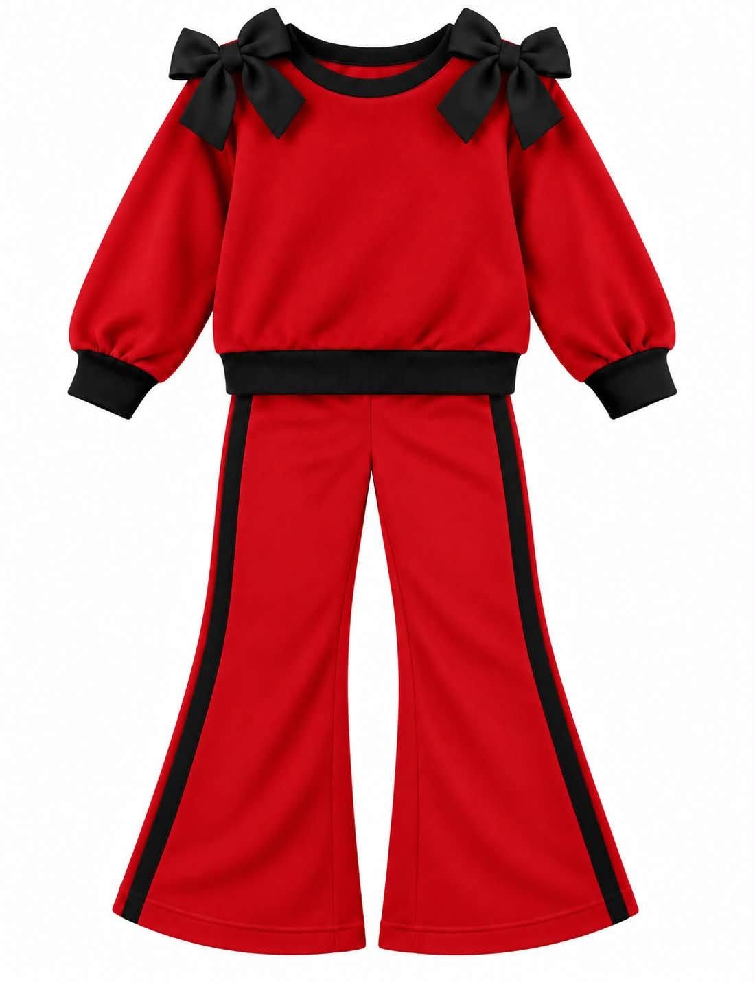 (Custom Design Preorder MOQ 5) Teams Red Cotton Blank Black Bows Top Pockets Pants Girls Clothes Set