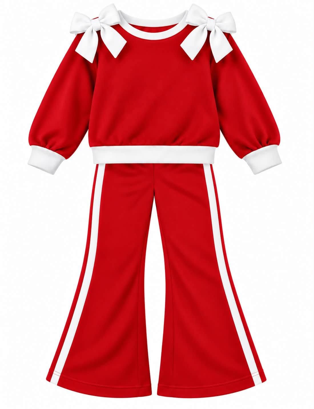 (Custom Design Preorder MOQ 5) Teams Red Cotton Blank White Bows Top Pockets Pants Girls Clothes Set