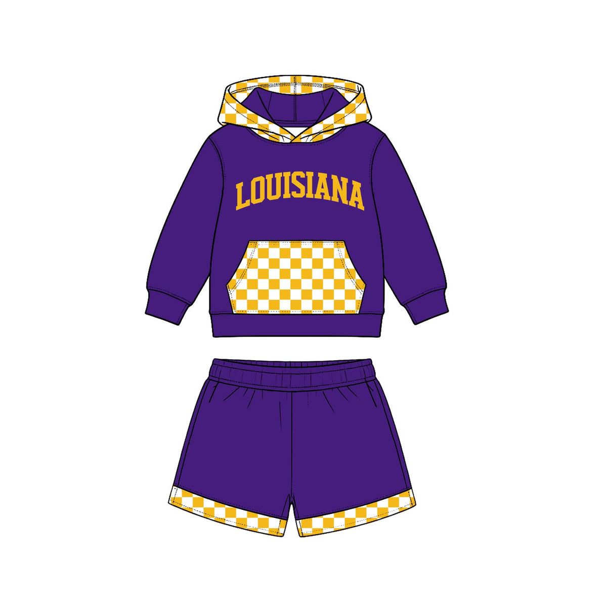 (Custom Design Preorder MOQ 5) Teams LOUISIANA Hoodie Top Pockets Shorts Kids Clothes Set