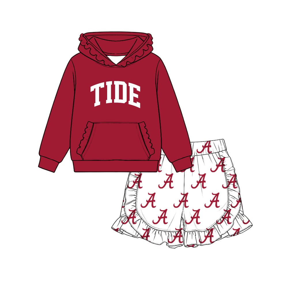 (Custom Design Preorder MOQ 5 Each)Teams Alabama TIDE A Camo Print Long Sleeve Hoodie Top Shorts Girls Boys Clothes Set Sibling Wear