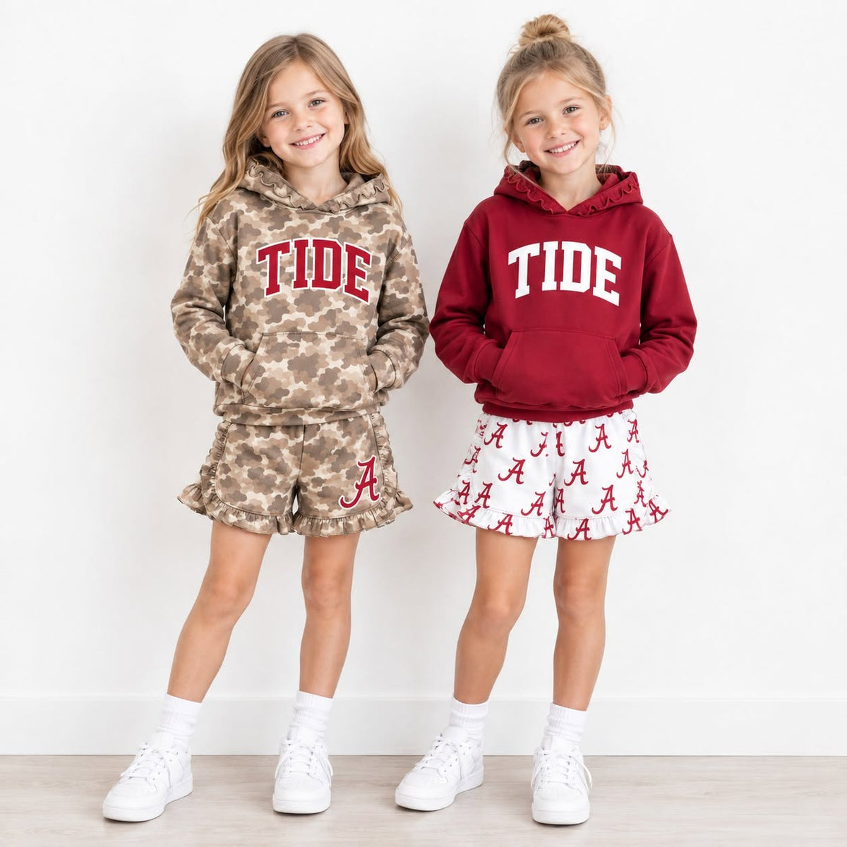 (Custom Design Preorder MOQ 5 Each)Teams Alabama TIDE A Camo Print Long Sleeve Hoodie Top Shorts Girls Boys Clothes Set Sibling Wear