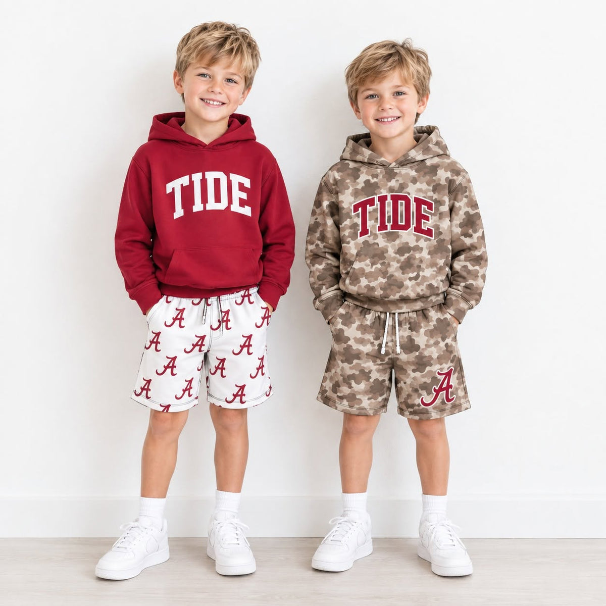 (Custom Design Preorder MOQ 5 Each)Teams Alabama TIDE A Camo Print Long Sleeve Hoodie Top Shorts Girls Boys Clothes Set Sibling Wear