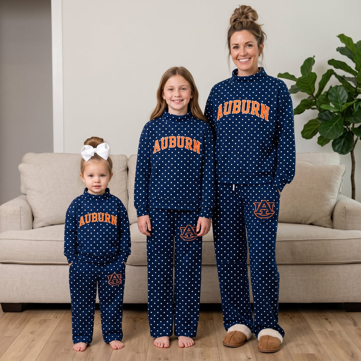 (Custom Design Preorder MOQ 5 Each) Teams AUBURN Polka Dots Mock Necks Navy Top Logo Pockets Pants Girls & Woman Clothes Set