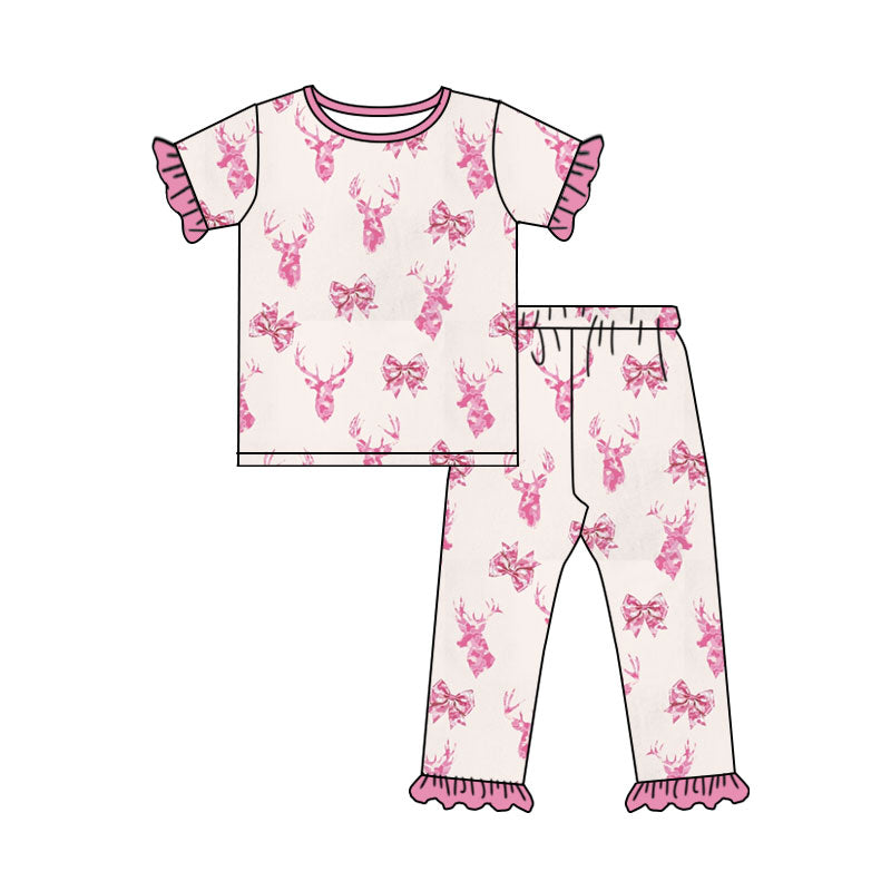 (Custom Design Preorder MOQ 5 Each) Fish Deer Camo Print Ruffle Girls Hunting Pajamas Clothes Set Sisters Wear
