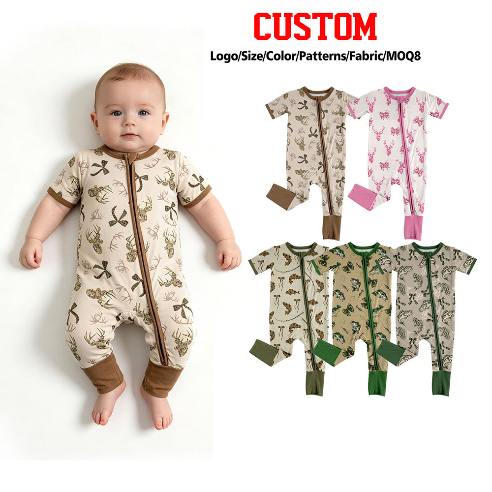 (Custom Design Preorder MOQ 5 ) Fish Deer Camo Print Baby Fall Zipper Sleeper Romper Sibling Wear