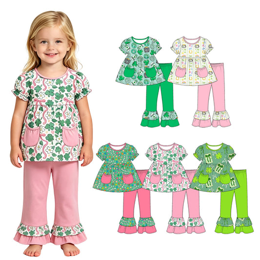 (Custom Design Preorder MOQ 5 Each) 4 Leaf Clover Bows Pockets Tunic Top Ruffle Pants Girls St Patrick Day Clothes Set Sisters Wear
