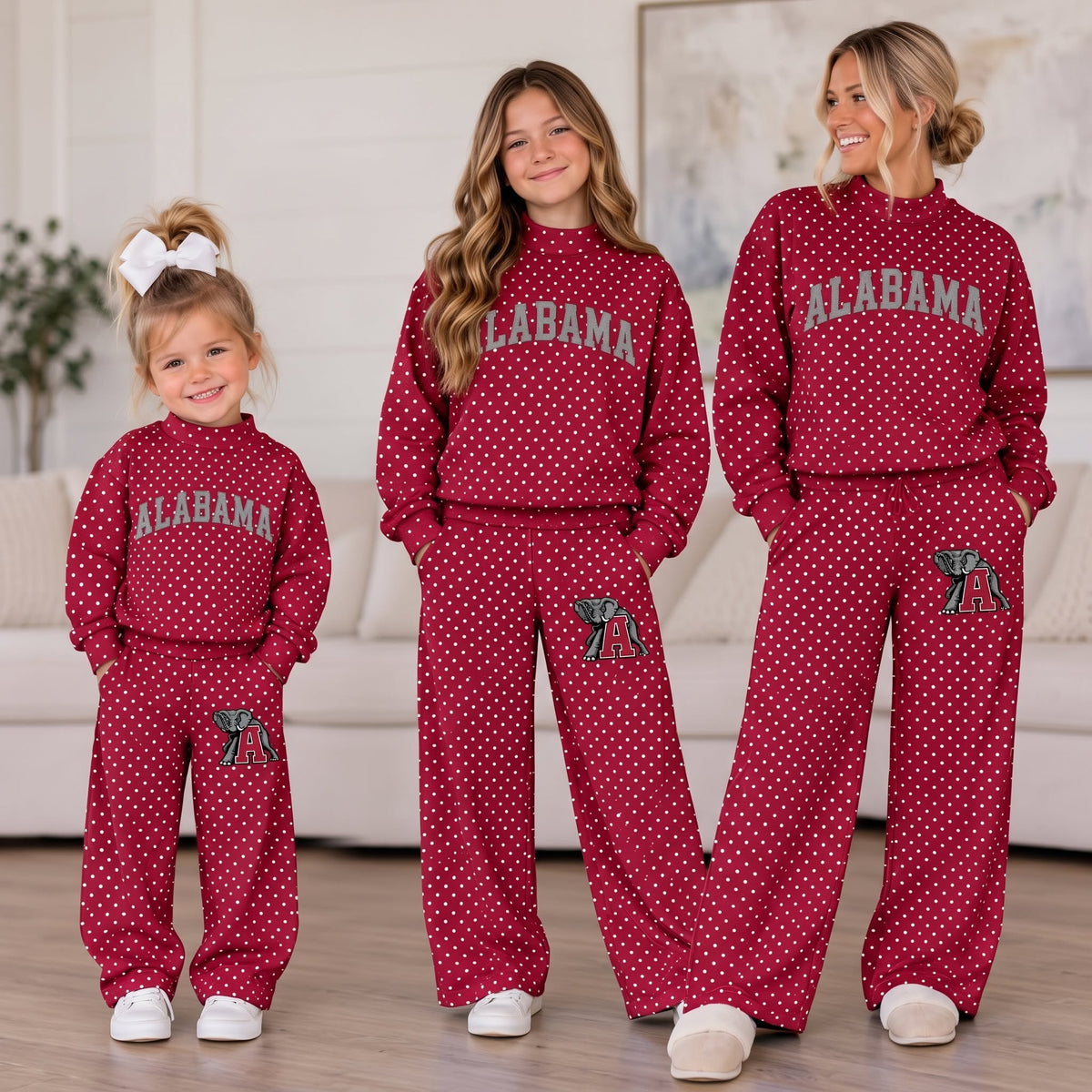 (Custom Design Preorder MOQ 5 Each) Teams ALABAMA Polka Dots Mock Necks Wine Top Logo Pockets Pants Girls & Woman Clothes Set