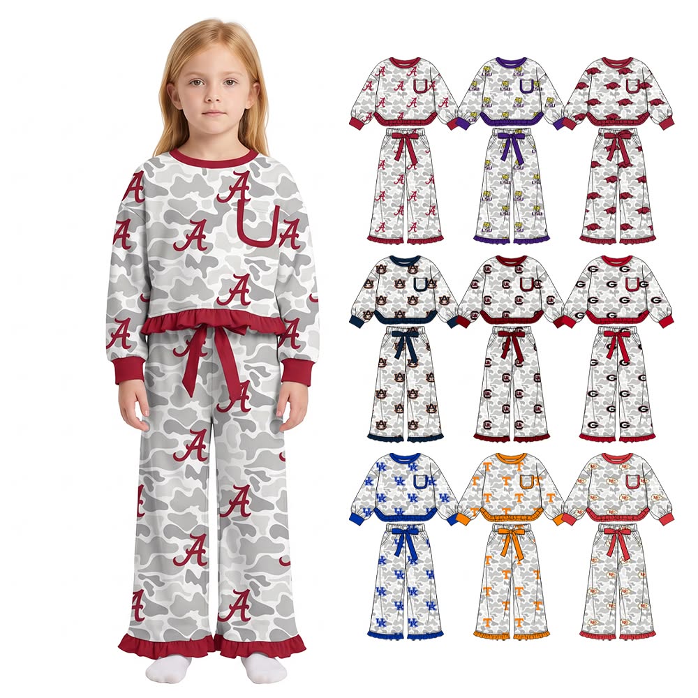 (Custom Design Preorder MOQ 5 Each)Teams Logo Camo Print Long Sleeve Top Pockets Pants Girls Clothes Set Sisters Wear