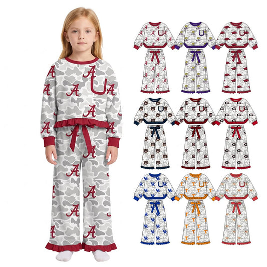 (Custom Design Preorder MOQ 5 Each)Teams Logo Camo Print Long Sleeve Top Pockets Pants Girls Clothes Set Sisters Wear
