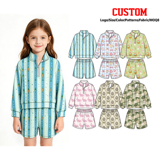 (Custom Design Preorder MOQ 5 Each) Eggs Bunny Print Long Sleeve Zipper Top Shorts Girls Easter Clothes Set Sisters Wear