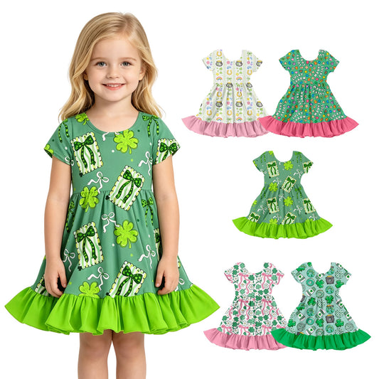 (Custom Design Preorder MOQ 5) 4 Leaf Clover Bows Print Girls St Patrick Day Knee Length Ruffle Dress Sisters Wear