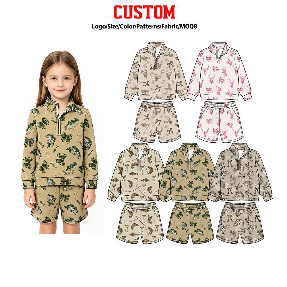 (Custom Design Preorder MOQ 5 Each) Fish Deer Camo Print Long Sleeve Zipper Top Shorts Girls Hunting Clothes Set Sisters Wear