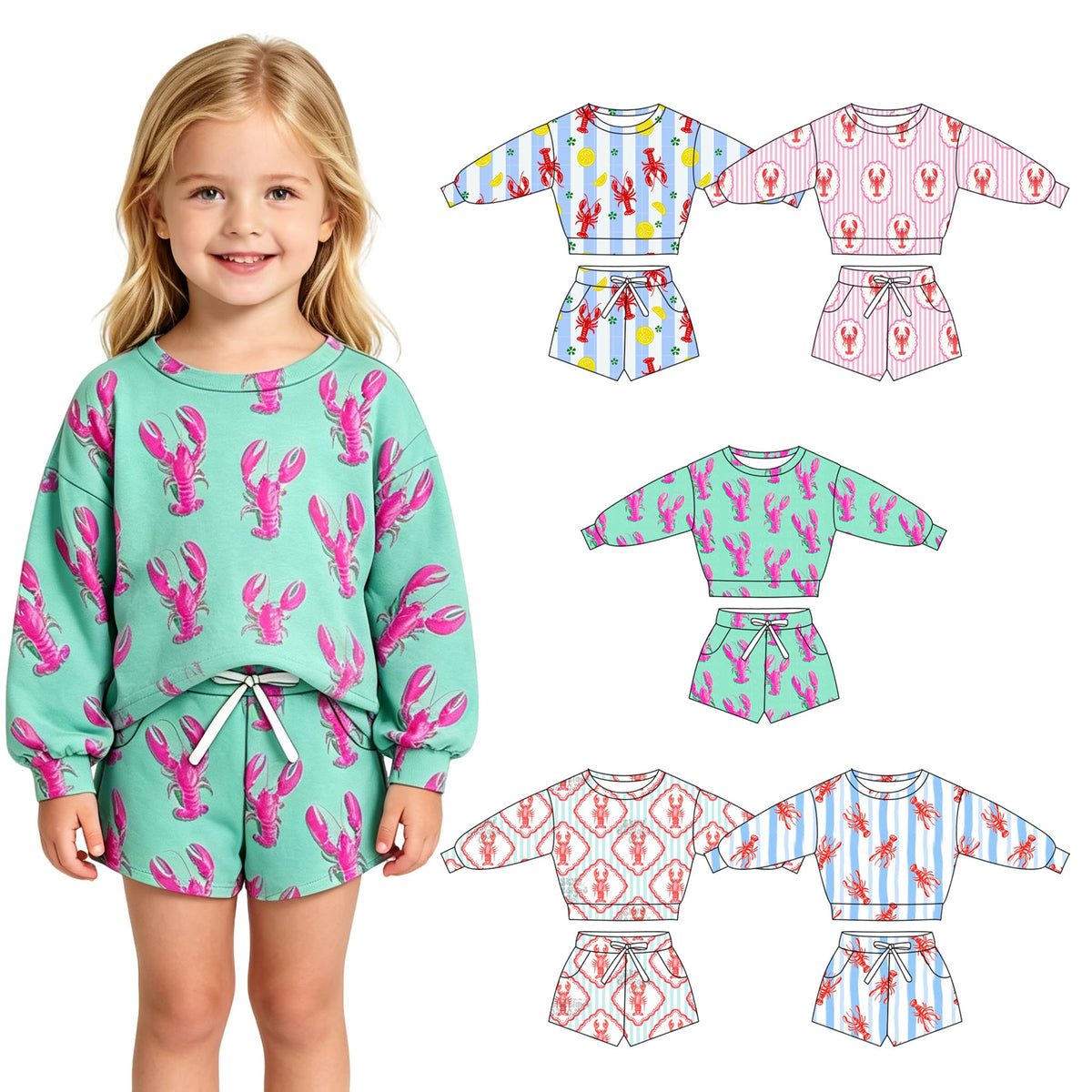 (Custom Design Preorder MOQ 5 Each) Crayfish Stripes Long Sleeve Top Pockets Shorts Girls Clothes Set Sisters Wear