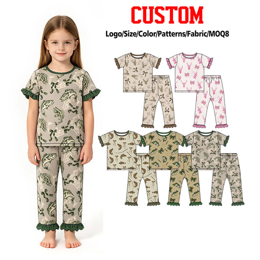 (Custom Design Preorder MOQ 5 Each) Fish Deer Camo Print Ruffle Girls Hunting Pajamas Clothes Set Sisters Wear