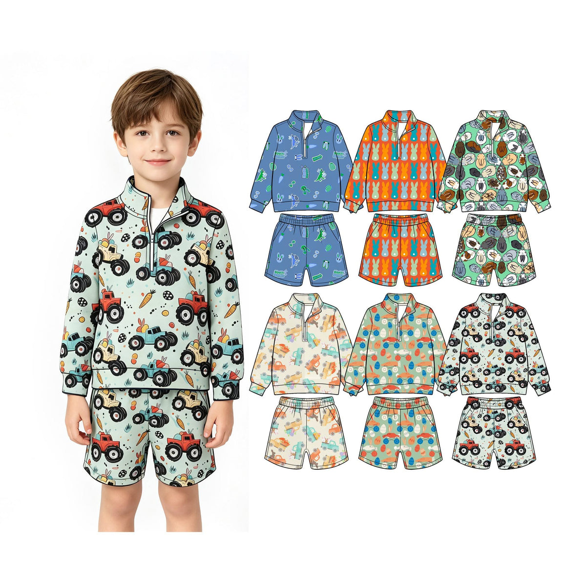 (Custom Design Preorder MOQ 5 Each)Bunny Trucks Print Pullover Top Pockets Shorts Boys Easter Clothes Set Brothers Wear
