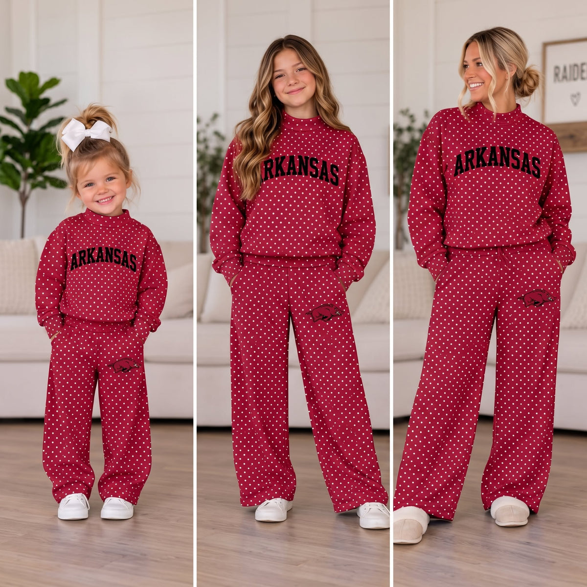 (Custom Design Preorder MOQ 5 Each) Teams ARKANSAS Polka Dots Mock Necks Wine Top Logo Pockets Pants Girls & Woman Clothes Set
