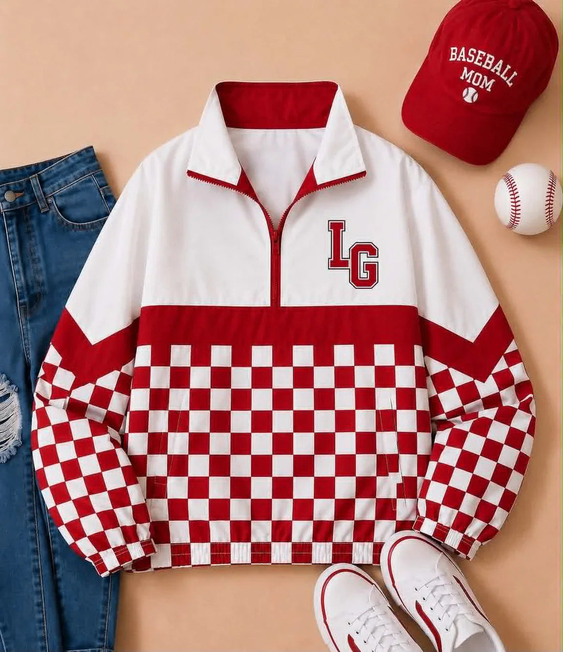 (Custom  Preorder MOQ 5) Baby Boys Long Sleeve Red Checked LG Team Zip Pullovers Tops