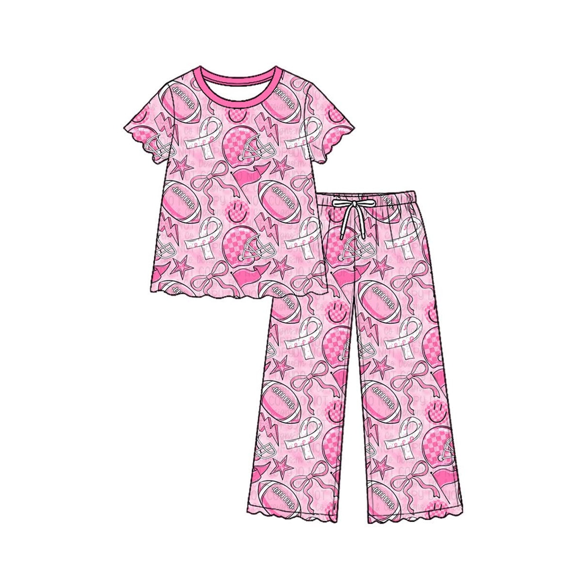 (Custom Design Preorder MOQ 5 Each) Pink Bows Cheer Print Girls Short Sleeve Top Pants Clothes Set Sisters Wear