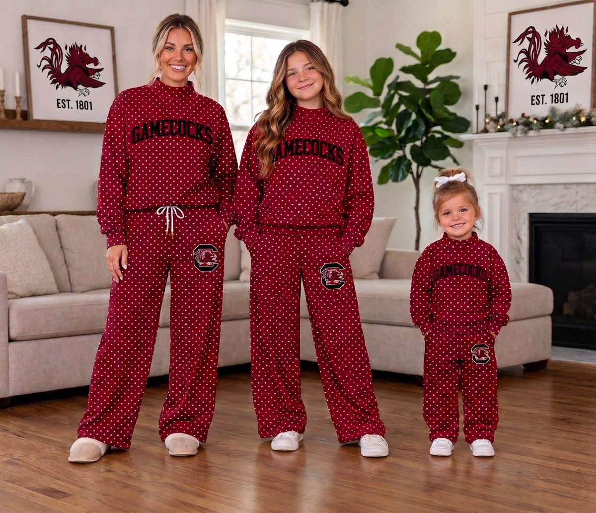(Custom Design Preorder MOQ 5 Each) Teams GAMECOCKS Polka Dots Mock Necks Maroon Top Logo Pockets Pants Girls & Woman Clothes Set