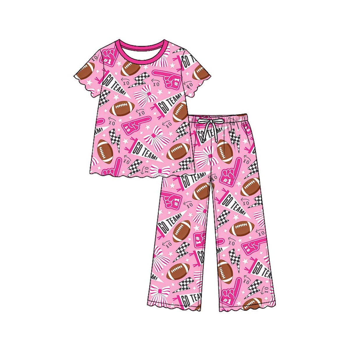 (Custom Design Preorder MOQ 5 Each) Pink Bows Cheer Print Girls Short Sleeve Top Pants Clothes Set Sisters Wear
