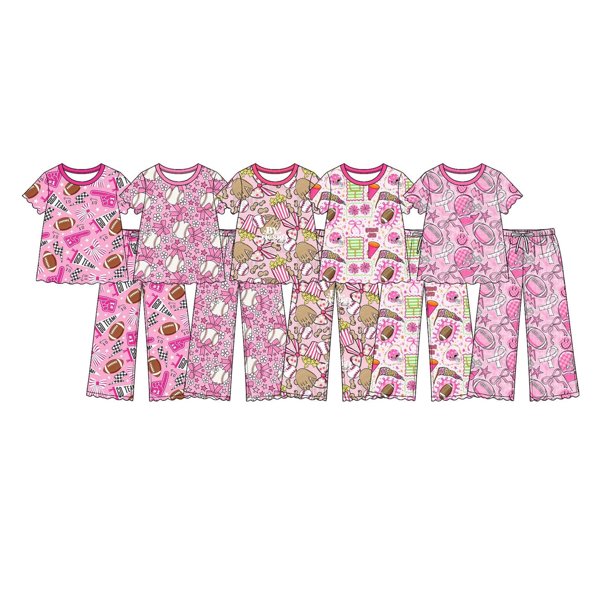 (Custom Design Preorder MOQ 5 Each) Pink Bows Cheer Print Girls Short Sleeve Top Pants Clothes Set Sisters Wear