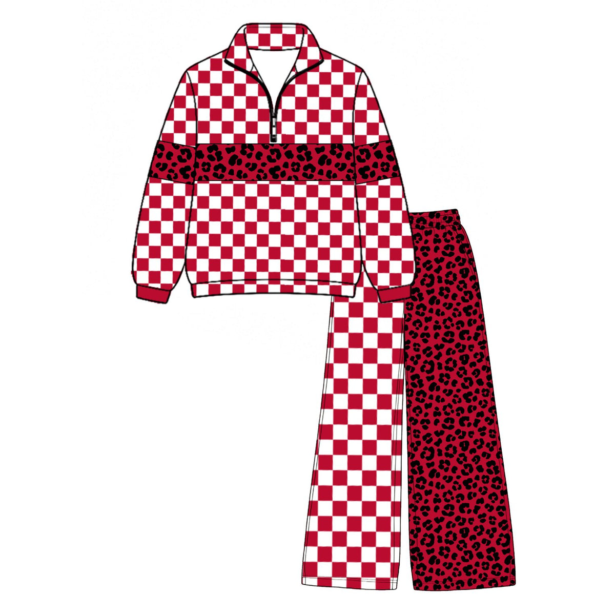(Custom Design Preorder MOQ 5 Each)Teams Blank Leopard Checkered Print Long Sleeve Zipper Top Split Pants Girls Clothes Set Sisters Wear