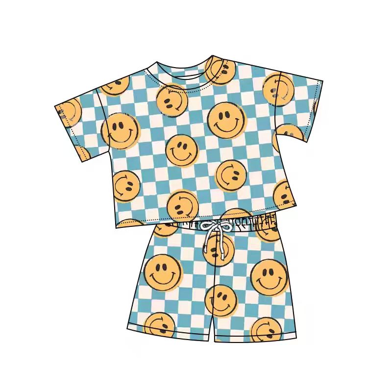 (Custom Design Preorder MOQ 5) Smiling Plaid Blue Print Kids Summer Clothes Set