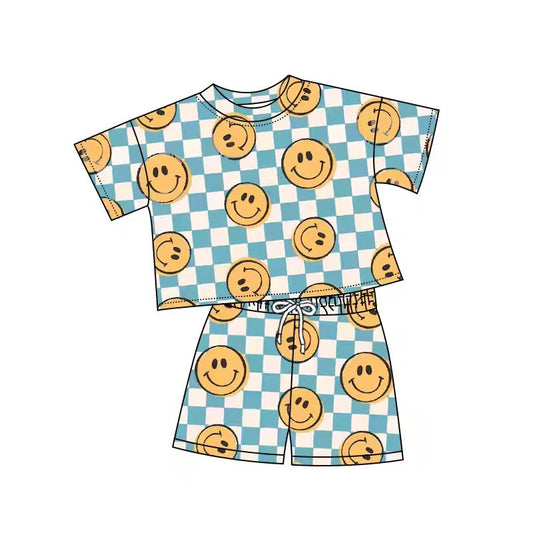 (Custom Design Preorder MOQ 5) Smiling Plaid Blue Print Kids Summer Clothes Set