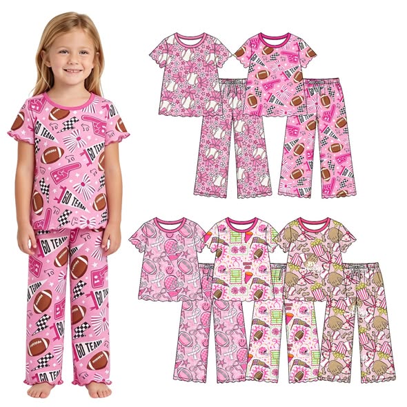 (Custom Design Preorder MOQ 5 Each) Pink Bows Cheer Print Girls Short Sleeve Top Pants Clothes Set Sisters Wear