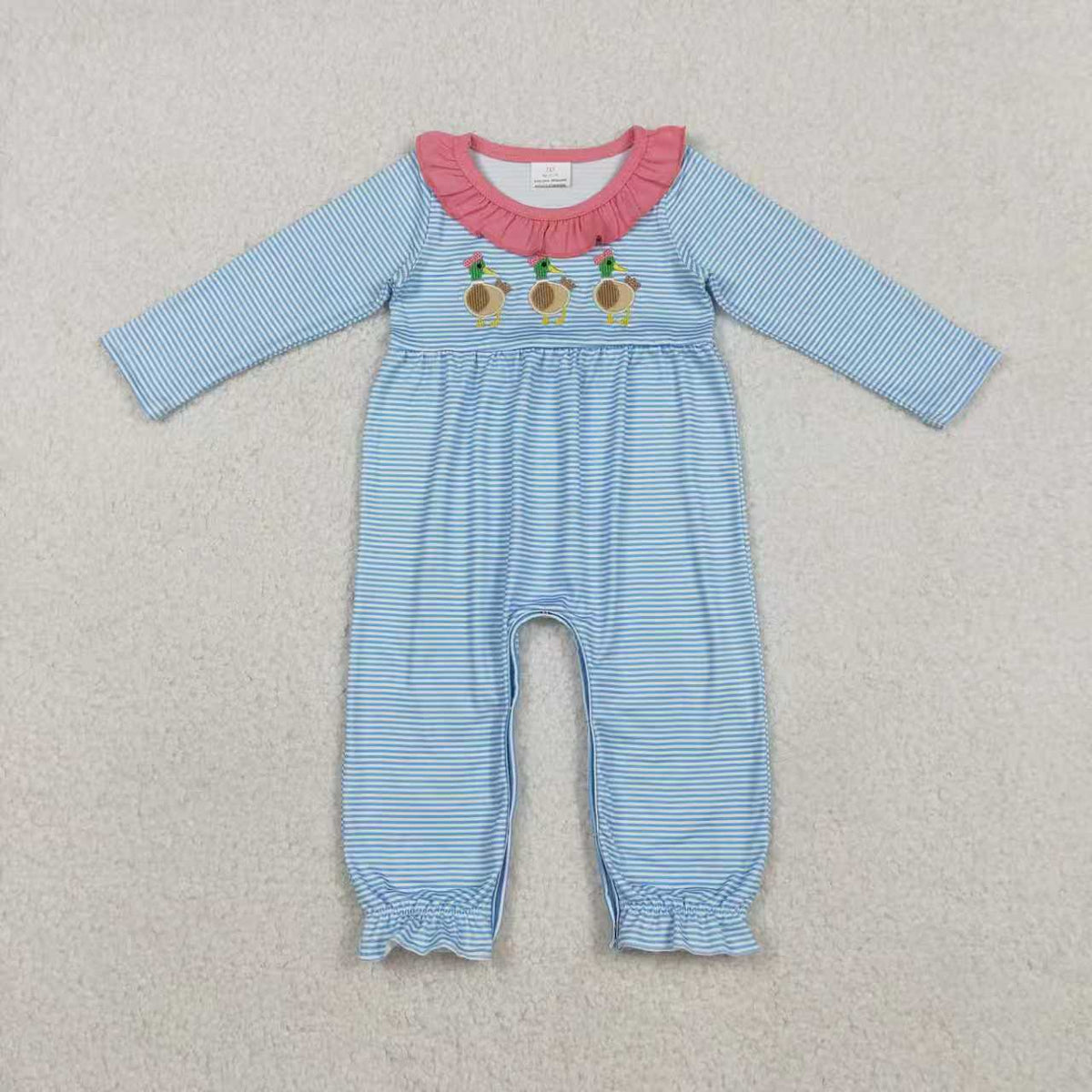 Sibling Baby Girls Embroidery Bow Ducks Stripes Collar Leggings Clothes Set Footie Rompers