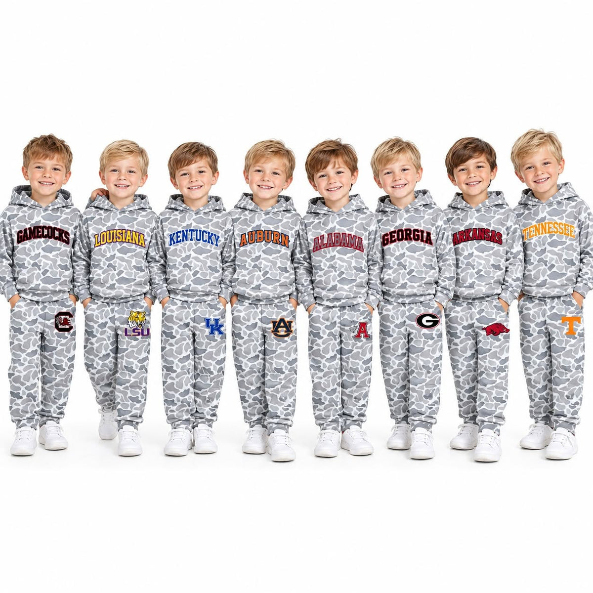 (Custom Design Preorder MOQ 5 Each) Grey Camo Teams Logo Print Hoodie Top Joggers Pants Boys Clothes Set Brothers Wear