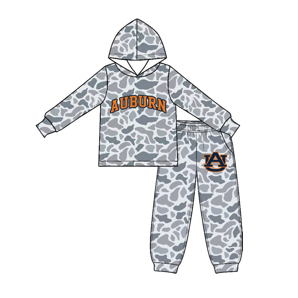(Custom Design Preorder MOQ 5 Each) Grey Camo Teams Logo Print Hoodie Top Joggers Pants Boys Clothes Set Brothers Wear