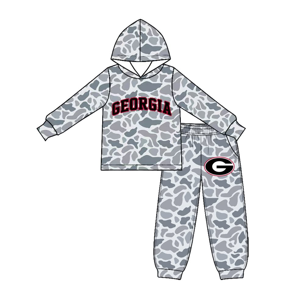 (Custom Design Preorder MOQ 5 Each) Grey Camo Teams Logo Print Hoodie Top Joggers Pants Boys Clothes Set Brothers Wear