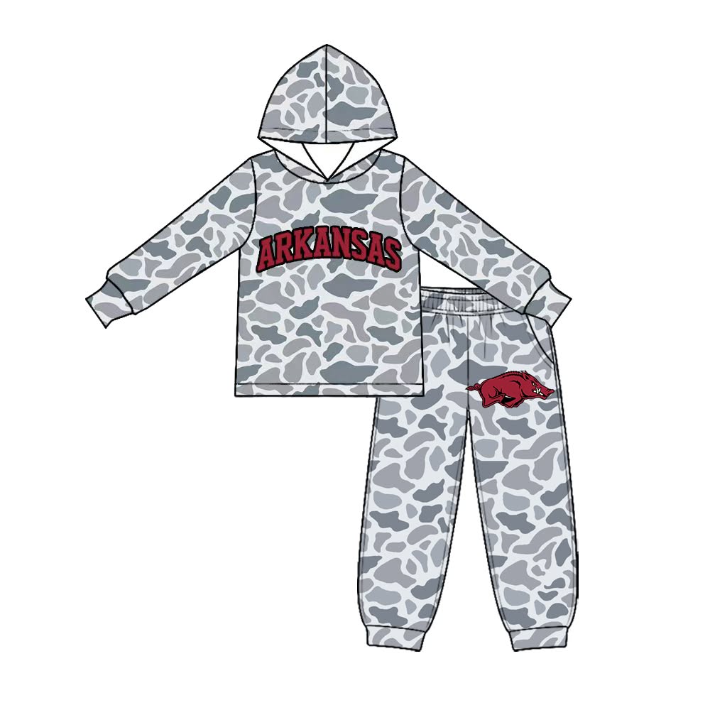 (Custom Design Preorder MOQ 5 Each) Grey Camo Teams Logo Print Hoodie Top Joggers Pants Boys Clothes Set Brothers Wear