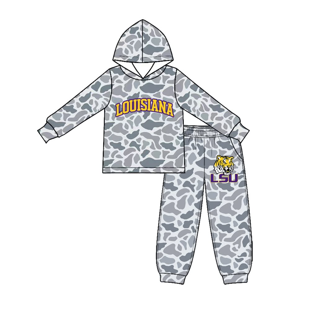 (Custom Design Preorder MOQ 5 Each) Grey Camo Teams Logo Print Hoodie Top Joggers Pants Boys Clothes Set Brothers Wear