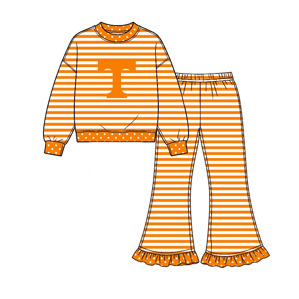 Preorder( 5  MOQ) BabyBoys Sport Team Tennessee  Orange Striped Long Sleeve Top Bell Bottom Pants Outfit