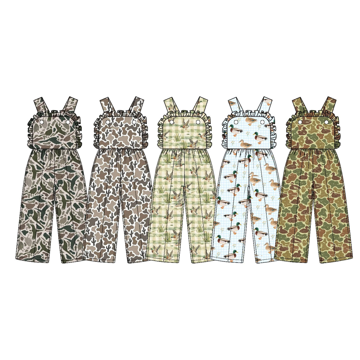 (Custom Design Preorder MOQ 5) Duck Camo Checkered Print Baby Girls Strap Jumpsuits Sisters Overall Styles Southern Sisters Wear