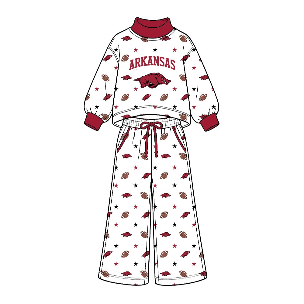 Preorder( 5  MOQ) BabyBoys Sport Team Arkansas Long Sleeve Mock Neck Top Wide Leg Pants Outfit